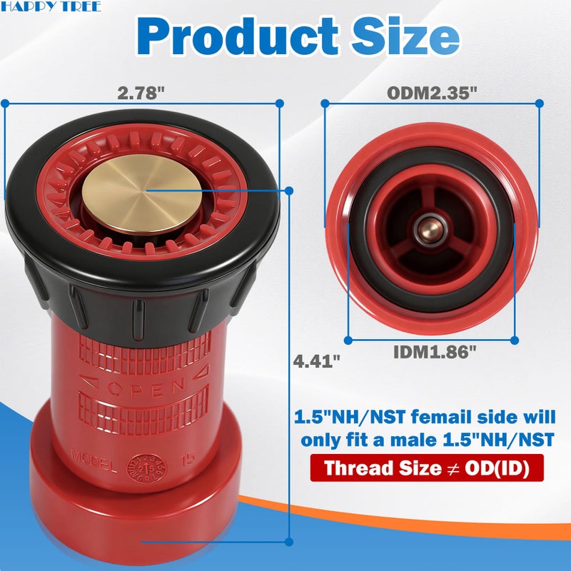 Happy Tree 1-1/2" NST/NH Fire Hose Nozzle Spray Polycarbonate Jet Fog Industrial Fireman 1.5" Nozzle 75 gpm Fire Equipment FHSN02 - Image 2